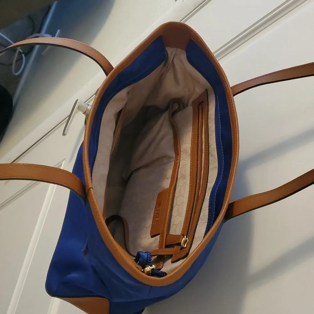 Michael Kors Jet Set Nylon Tote Royal Blue Tan Leather EUC